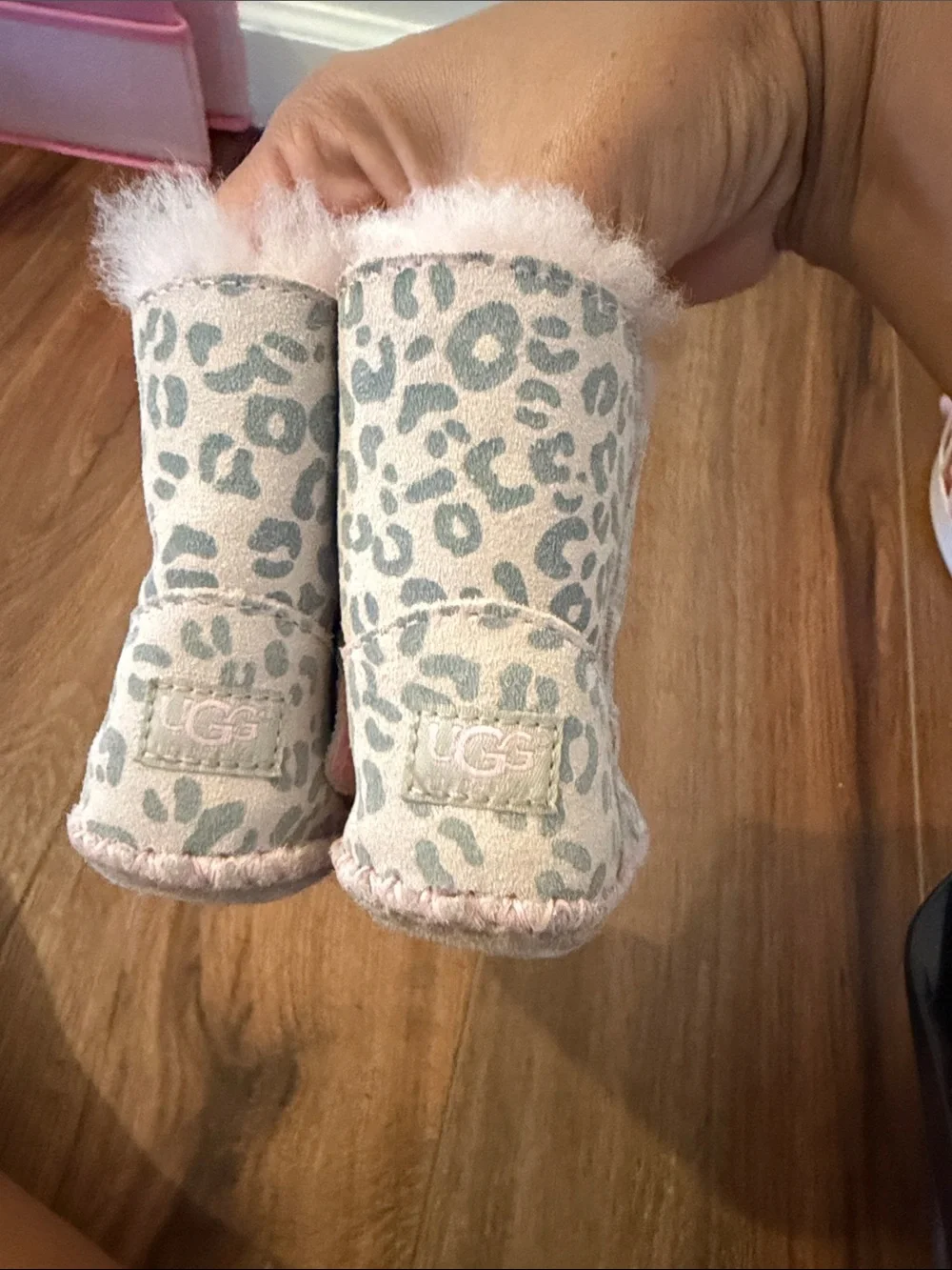UGG Pink Leopard Baby Booties with Faux Fur Trim